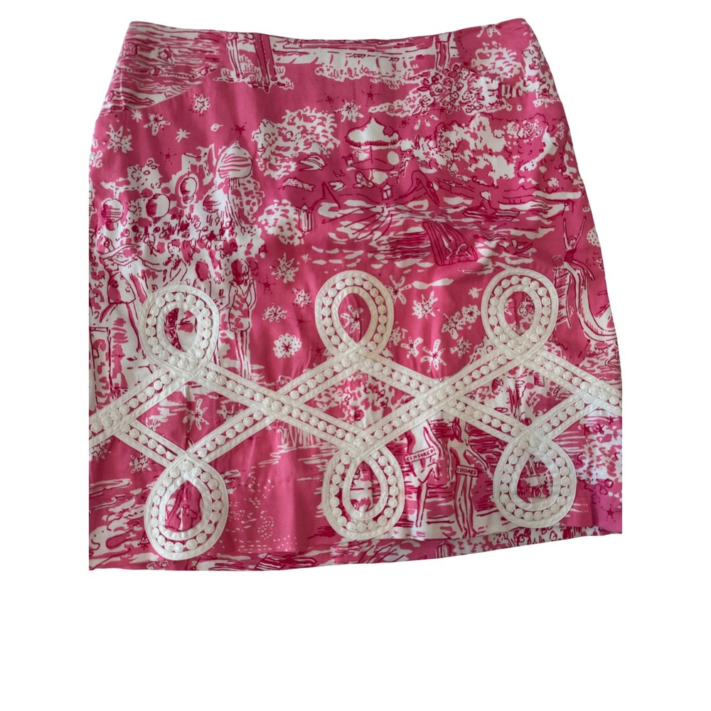 Lilly Pulitzer Pink White Toile Soutache Trim Mini Skirt Size 0